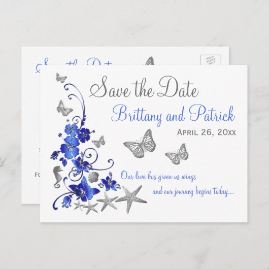 Blauw Wit Tropisch Strand Save the Date Briefkaart (Voorkant / Achterkant)
