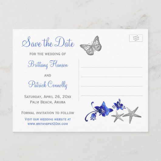 Blauw Wit Tropisch Strand Save the Date Briefkaart (Achterkant)