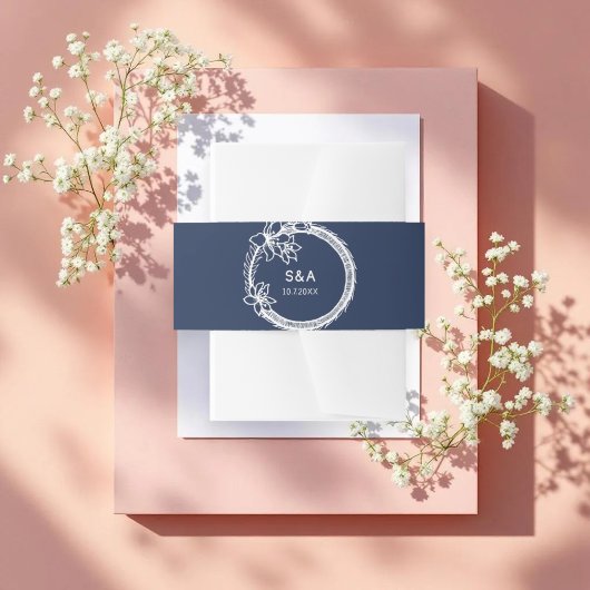 Blauw Wit Trouwkrans Monogram Uitnodigingen Wikkel