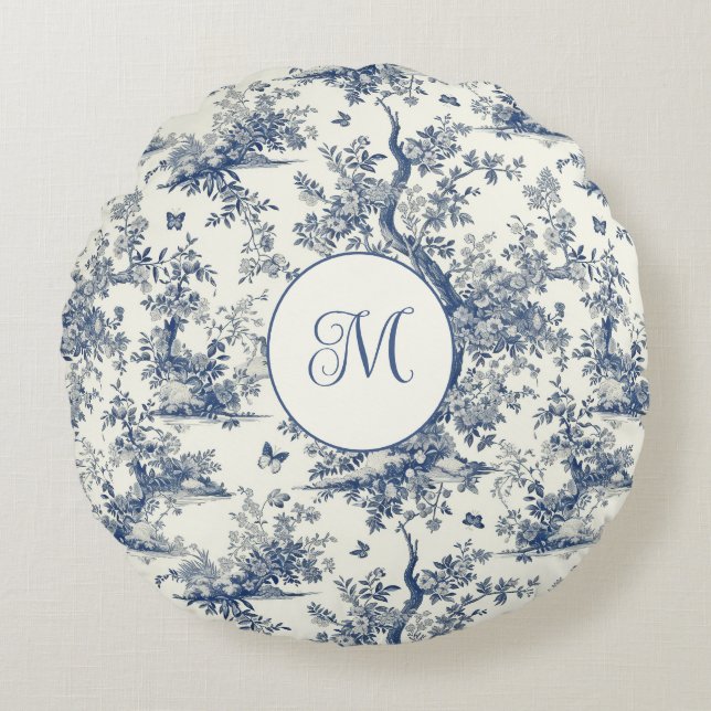 Blauw wit tuin vlinder Frans toilet Rond Kussen (Voorkant)