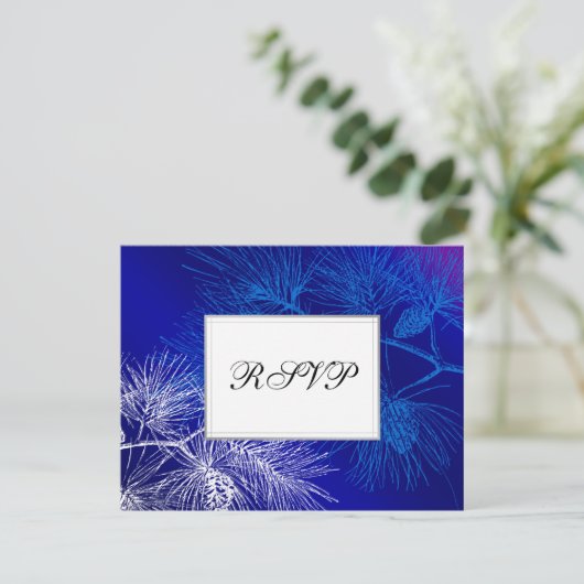Blauw Wit Vakantie Pine Custom RSVP Kaarten (Staand voorkant)