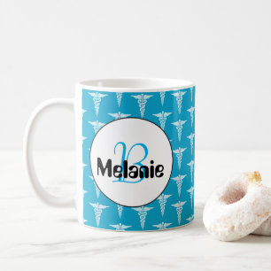 Blauw wit verpleegpatroon monogram naam mok toevoe