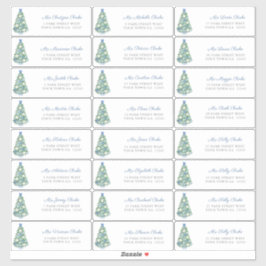 Blauw Wit Versierde Boom Kerst Kaarten Adres Sticker