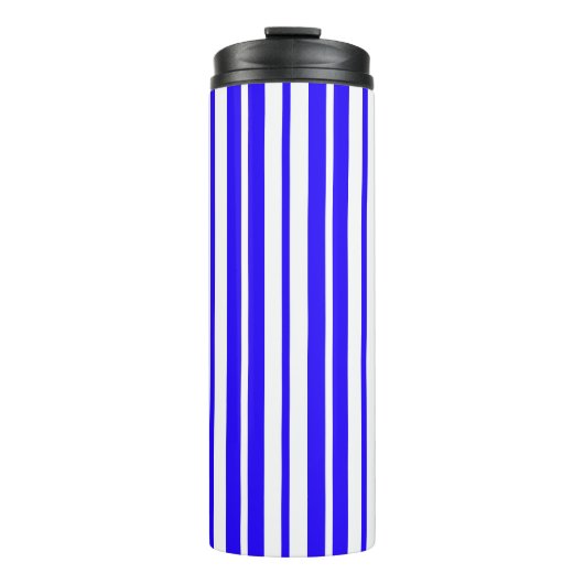 Blauw wit verticaal strepenpatroon thermosbeker (Voorkant)