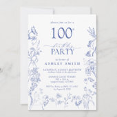 Blauw & Wit Victoriaans 100ste Verjaardagsfeestje Kaart (Voorkant)