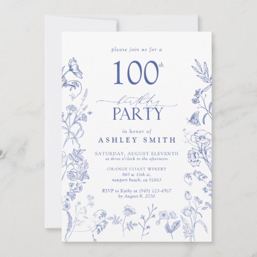 Blauw & Wit Victoriaans 100ste Verjaardagsfeestje  Kaart (Voorkant)