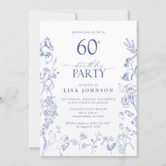 Blauw & Wit Victoriaans 60ste Verjaardagsfeestje B Kaart (Voorkant)