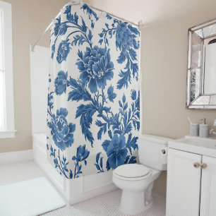 Blauw & Wit Victoriaans geïnspireerde Bloemenprint Douchegordijn
