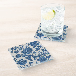 Blauw & Wit Victoriaans geïnspireerde Bloemenprint Glazen Onderzetter