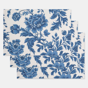Blauw & Wit Victoriaans geïnspireerde Bloemenprint Inpakpapier Vel
