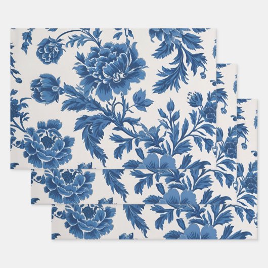 Blauw & Wit Victoriaans geïnspireerde Bloemenprint Inpakpapier Vel (Set)