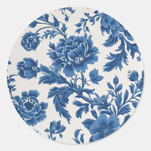 Blauw & Wit Victoriaans geïnspireerde Bloemenprint Ronde Sticker
