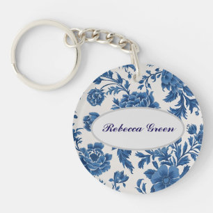 Blauw & Wit Victoriaans geïnspireerde Bloemenprint Sleutelhanger