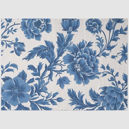 Blauw & Wit Victoriaans geïnspireerde Bloemenprint Tissuepapier (Voorkant)