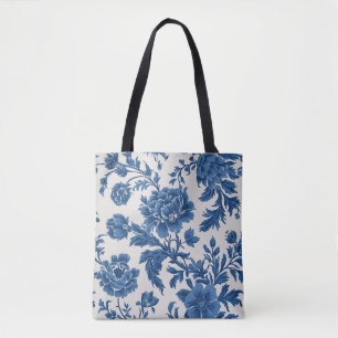 Blauw & Wit Victoriaans geïnspireerde Bloemenprint Tote Bag
