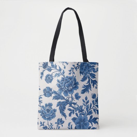 Blauw & Wit Victoriaans geïnspireerde Bloemenprint Tote Bag (Voorkant)