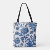 Blauw & Wit Victoriaans geïnspireerde Bloemenprint Tote Bag (Achterkant)