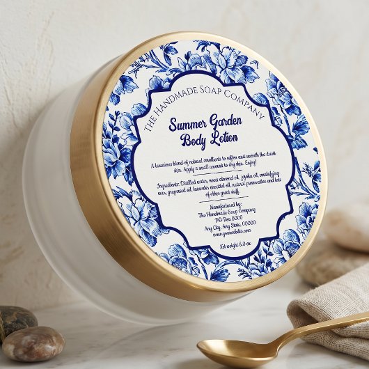 Blauw & Wit Vintage Bloem Cosmetica Etiket