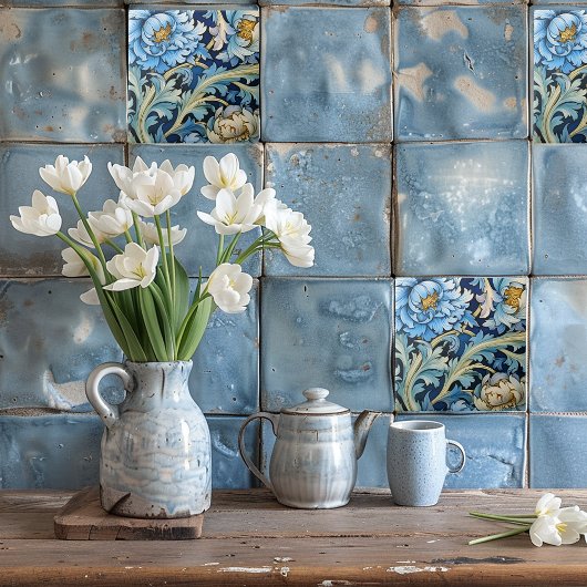 Blauw & Wit Vintage Bloemmotief Tegeltje