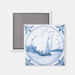 Blauw Wit Vintage Delft Zeilboot Art Tegel Magneet