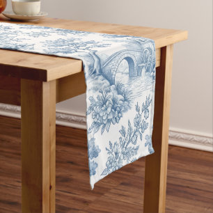 Blauw-wit vintage toile landschap korte tafelloper