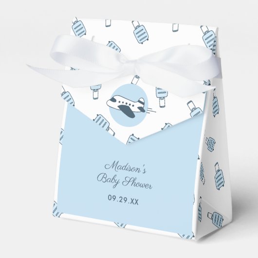 Blauw Wit Vliegtuig + Bagagepatroon Baby shower Bedankdoosjes (Voorkant Zijde)