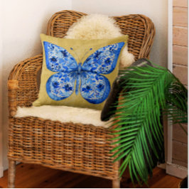  Blauw Wit Vlinder Antiek Goud Damask Kussen