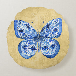 Blauw Wit Vlinder Antiek Goud Damask Rond Kussen