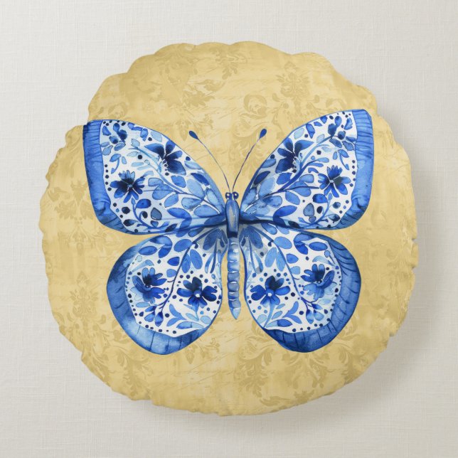  Blauw Wit Vlinder Antiek Goud Damask Rond Kussen (Voorkant)