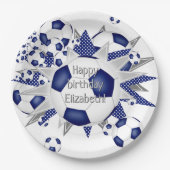 Blauw wit voetballen sterren verjaardag papieren bordje (Voorkant)