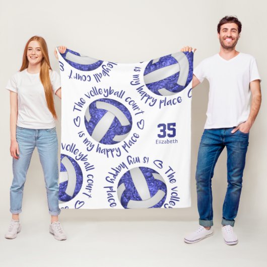 Blauw Wit Volleybal Hof Happy Place Typografie Fleece Deken (In situ)
