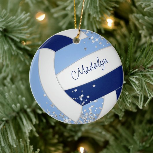 Blauw Wit Volleybal Klein Zilveren Sterren Accent Keramisch Ornament (Boom)