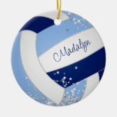 Blauw Wit Volleybal Klein Zilveren Sterren Accent Keramisch Ornament (Voorkant)