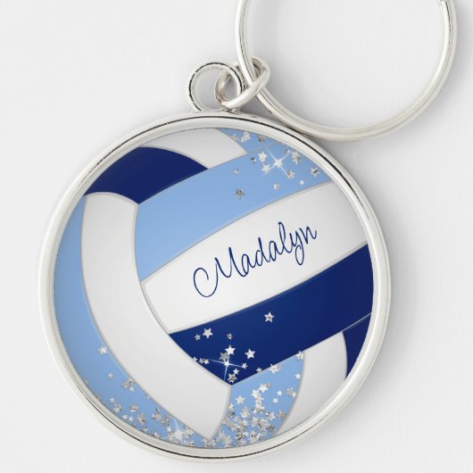 Blauw wit volleybal met klein zilveren sterren acc sleutelhanger (Voorkant)