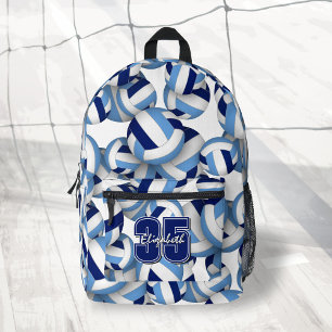 Blauw wit volleybalpatroon met spelersnaam nummer bedrukte rugzak