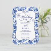 Blauw & Wit w Kalligrafie Floral Toile Wedding Kaart (Staand voorkant)