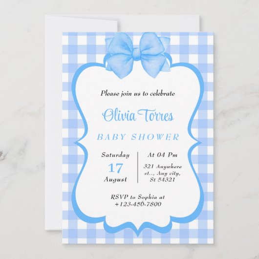 Blauw Wit Waterverf Baby shower Uitnodiging (Voorkant)