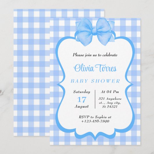 Blauw Wit Waterverf Baby shower Uitnodiging (Voorkant / Achterkant)