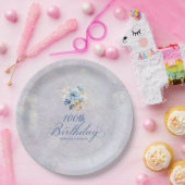 Blauw Wit Waterverf Bloemen 100ste Verjaardag Papieren Bordje (Feest)