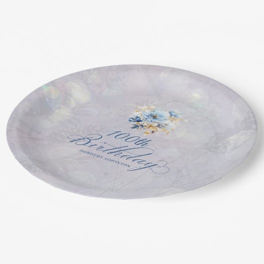 Blauw Wit Waterverf Bloemen 100ste Verjaardag Papieren Bordje (Gekanteld)