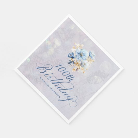 Blauw Wit Waterverf Bloemen 100ste Verjaardag Servet (Hoek)