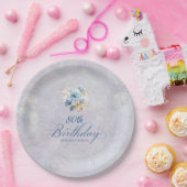 Blauw Wit Waterverf Bloemen 80ste Verjaardag Papieren Bordje (Feest)