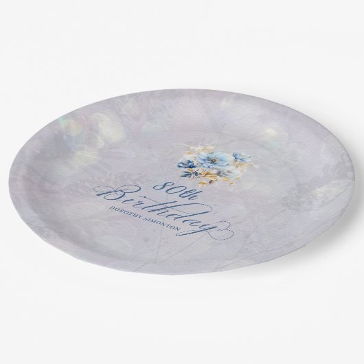 Blauw Wit Waterverf Bloemen 80ste Verjaardag Papieren Bordje (Gekanteld)