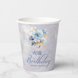 Blauw Wit Waterverf Bloemen 90ste Verjaardag Papieren Bekers