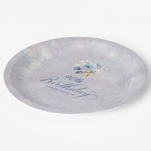 Blauw Wit Waterverf Bloemen 90ste Verjaardag Papieren Bordje (Gekanteld)