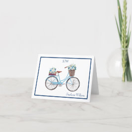 Blauw Wit Waterverf Bloemen Fietsnaam Monogram Bedankkaart