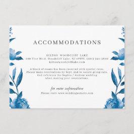 Blauw wit waterverf bloemenbruiloft accommodatie informatiekaartje