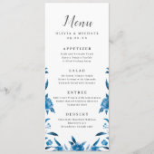 Blauw & wit waterverf bloemenbruiloft menu (Voorkant)