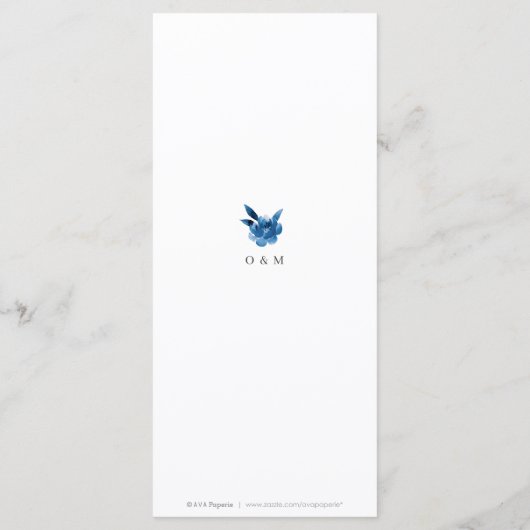 Blauw & wit waterverf bloemenbruiloft menu (Achterkant)