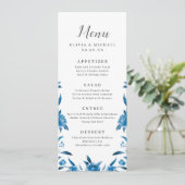 Blauw & wit waterverf bloemenbruiloft menu (Staand voorkant)